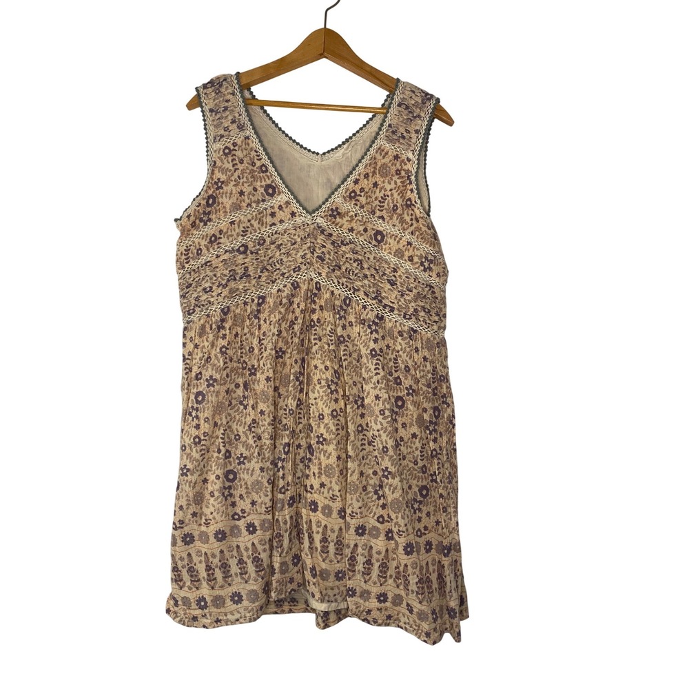 Lucky Brand Womens Tan Floral Crochet Lace Trim Cotton Mini Dress Medium Boho